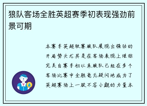 狼队客场全胜英超赛季初表现强劲前景可期